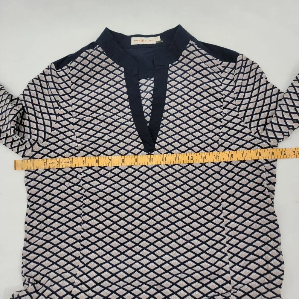 TORY BURCH Womens 8 Velda Tunic Top Silk Stretch Diamond Print Blue Gray